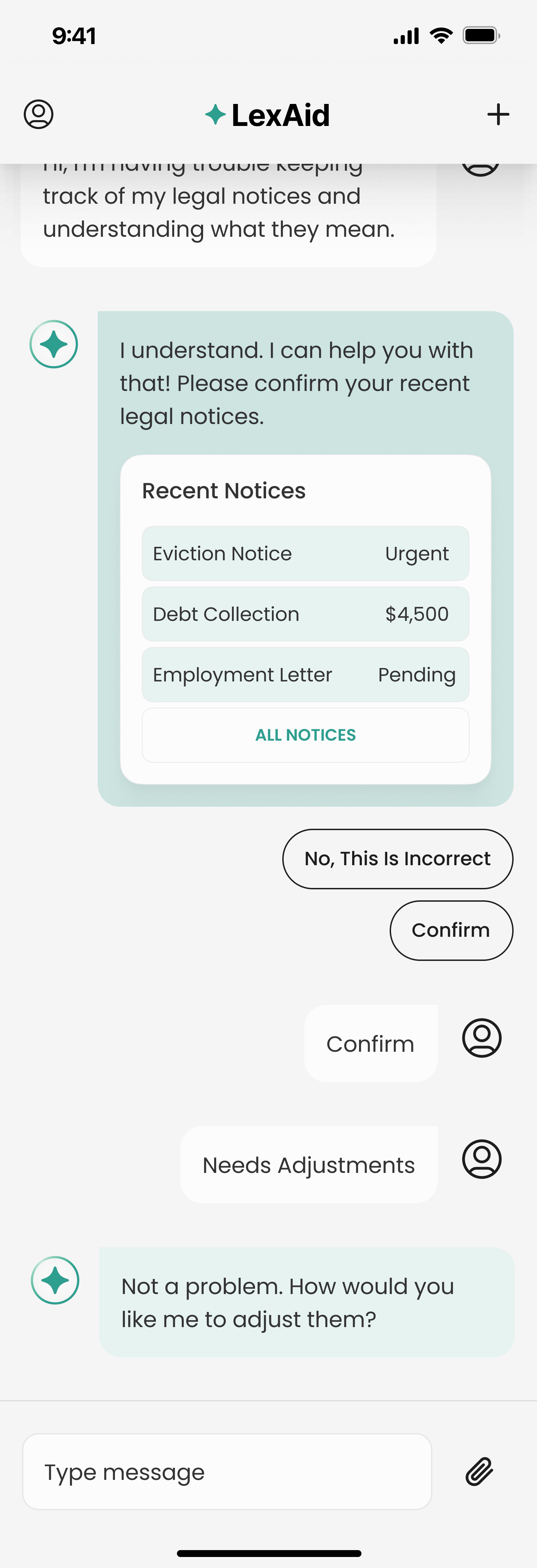 LexAid surfacing recent legal notices in a structured card for confirmation
