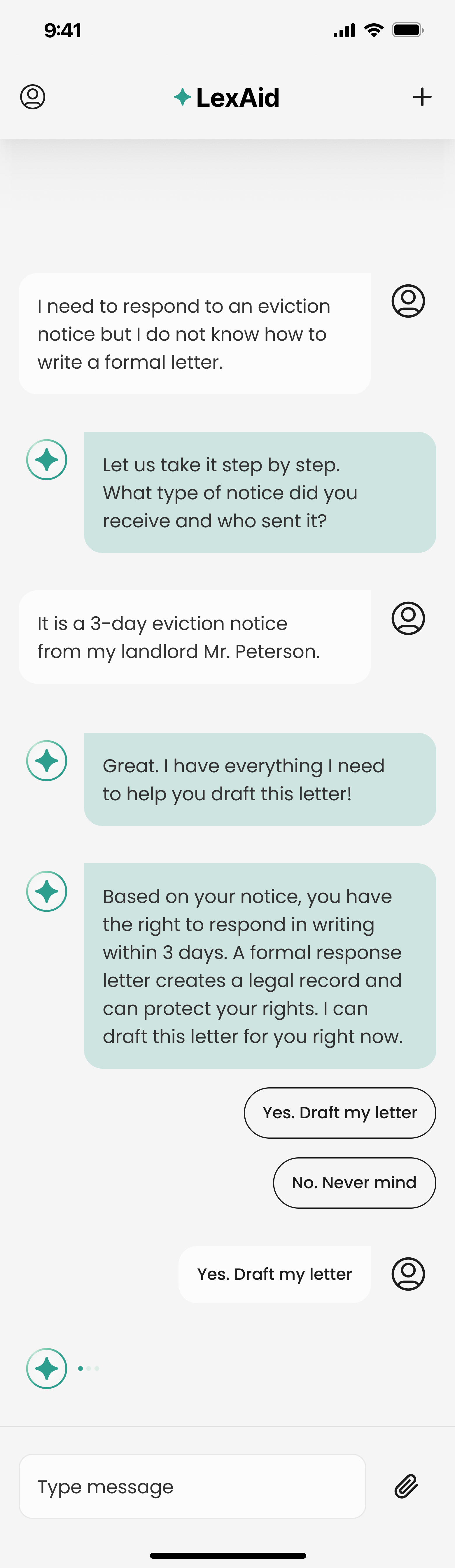 LexAid gathering notice details and confirming before drafting