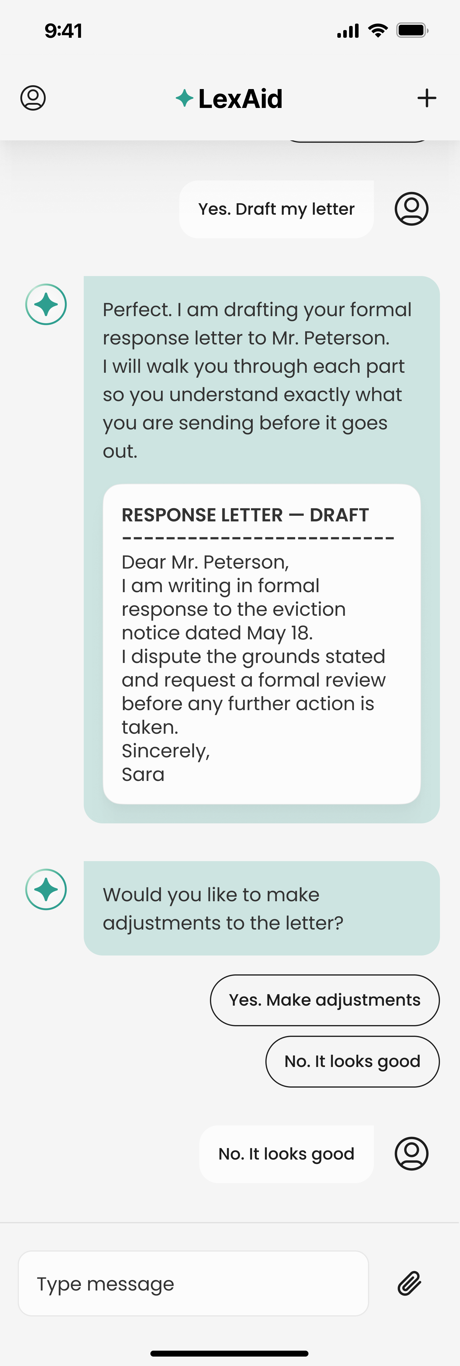 LexAid presenting the full draft response letter for review
