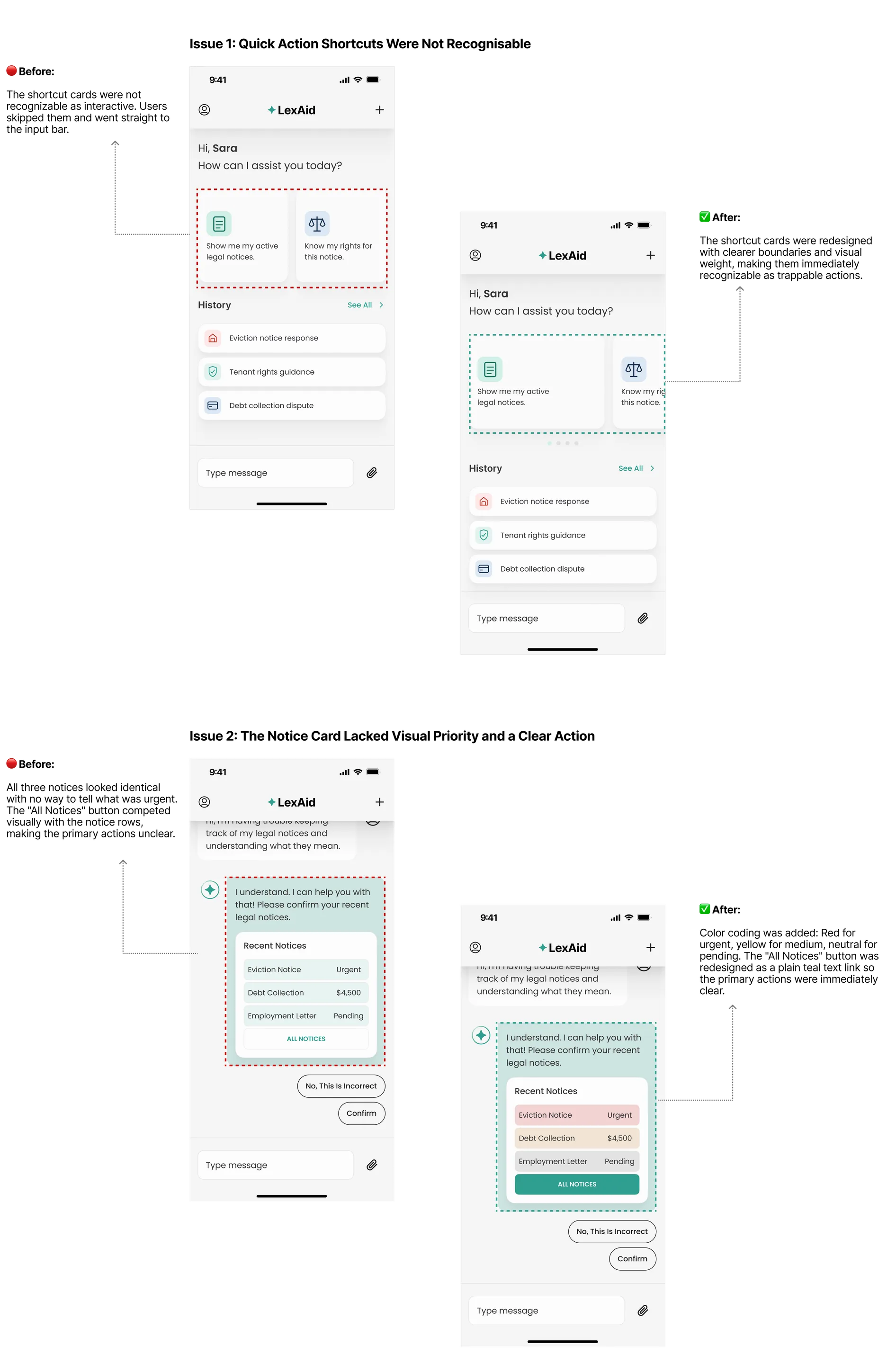 Before and after comparisons for two usability issues: unrecognisable quick action shortcuts, and a notice card lacking visual priority and a clear action