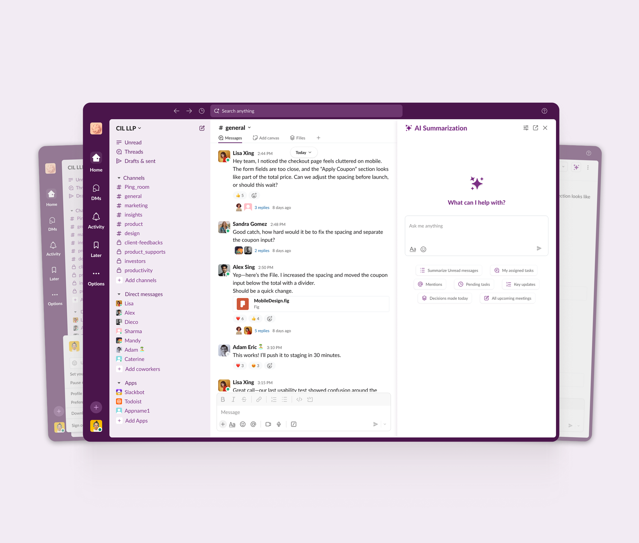 Slack interface with AI channel summary and notification controls