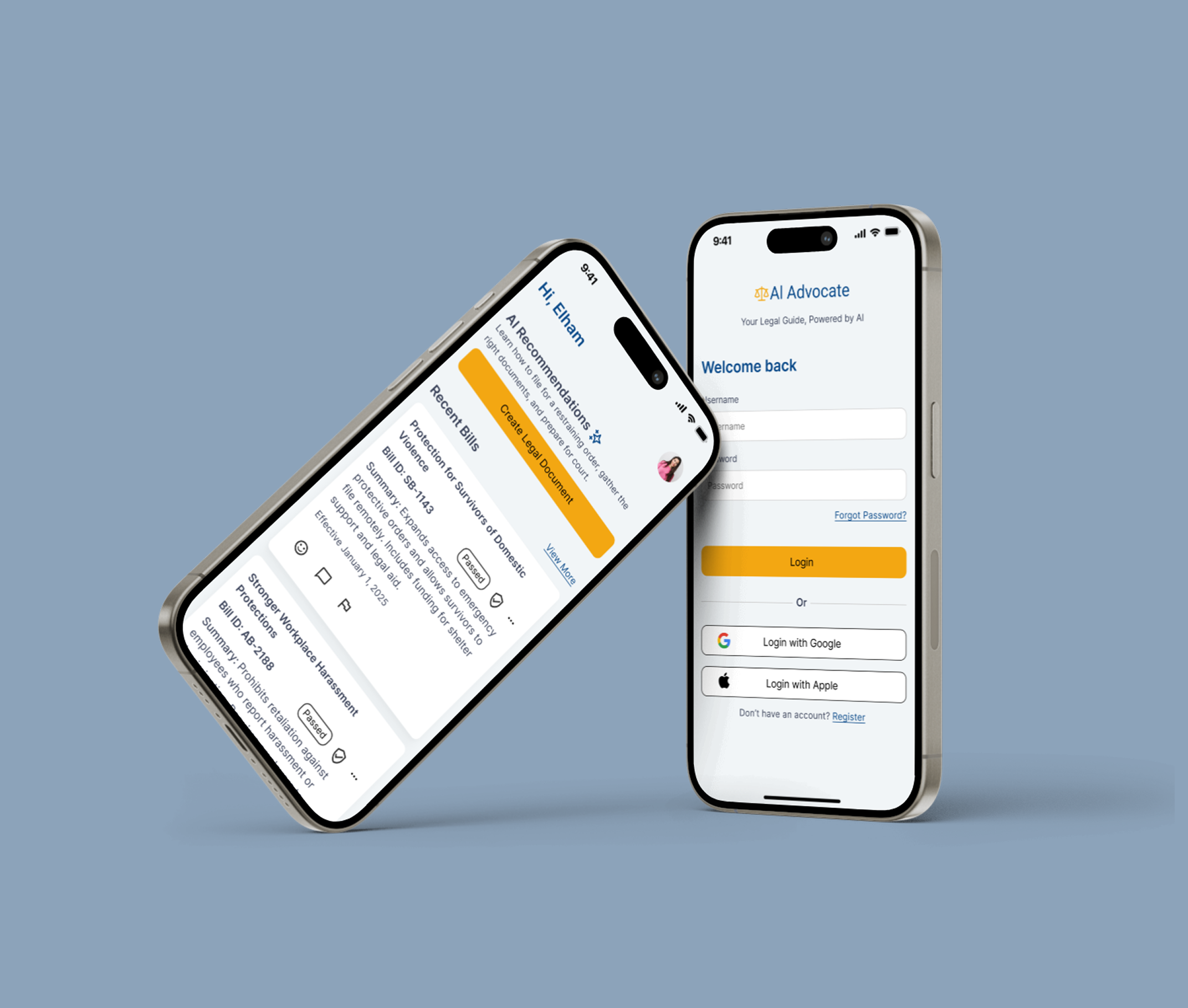 AI Advocate mobile app screens showing California legislation summaries