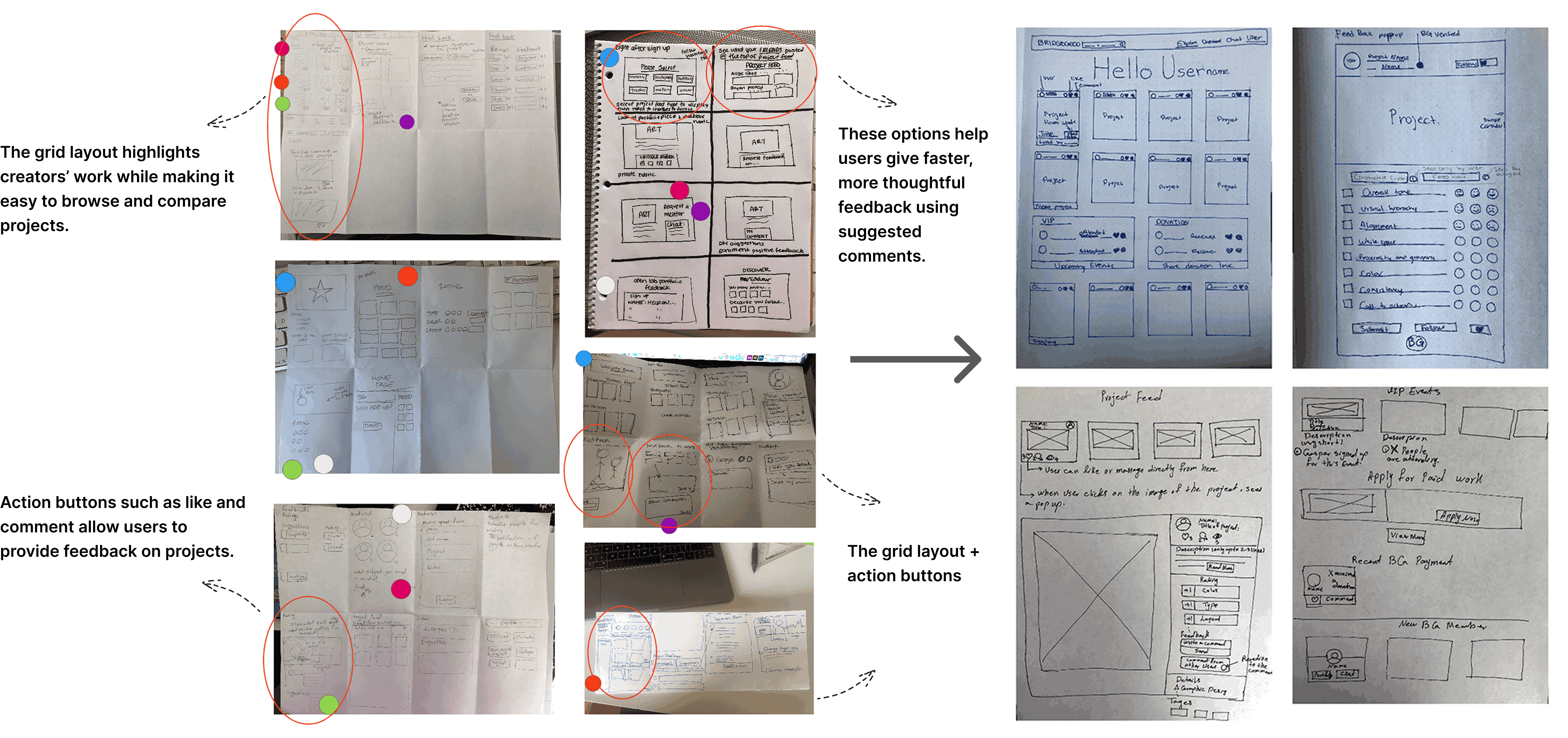 Team sketches and wireframes from the ideation session