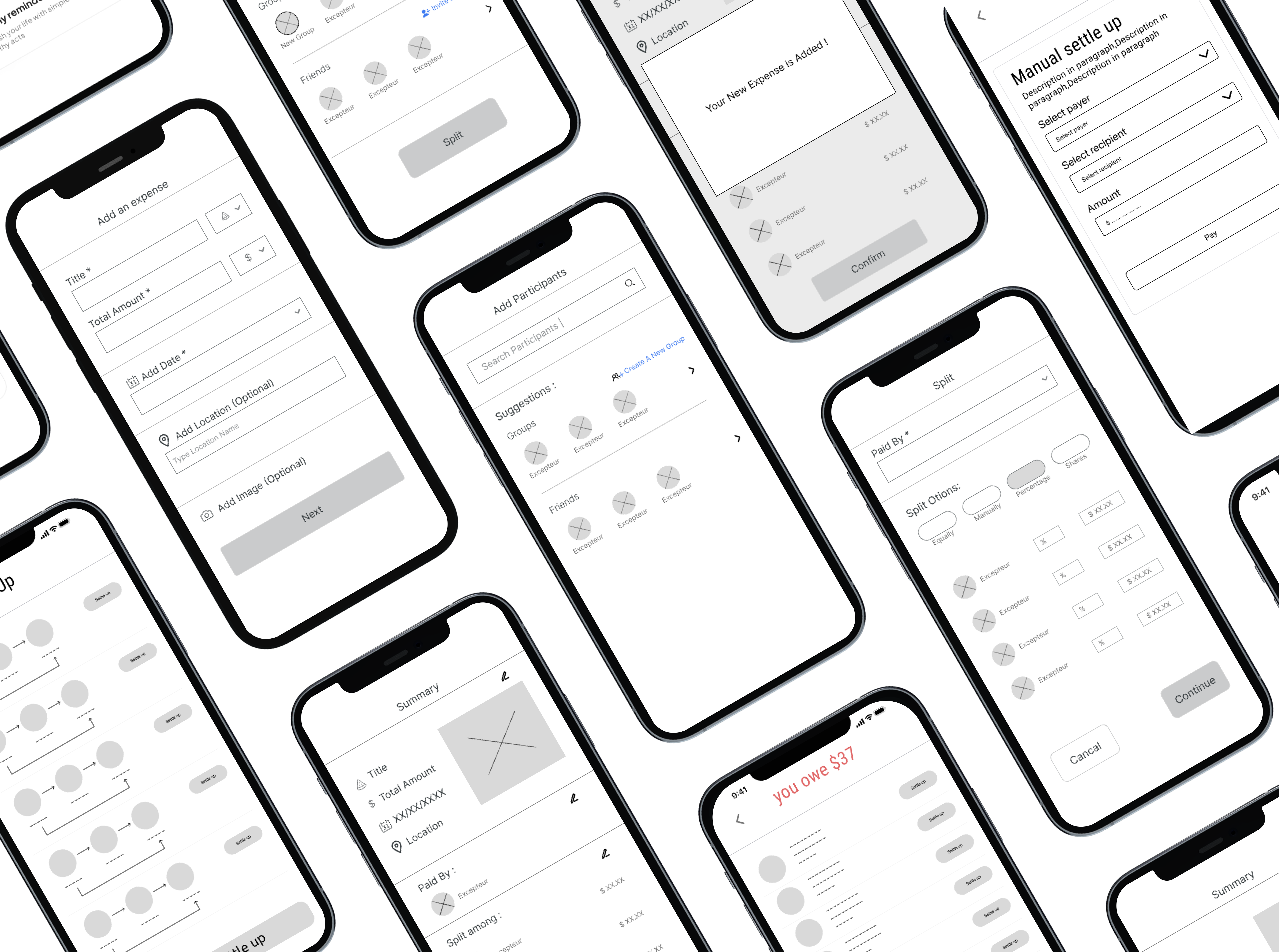 Mid-fidelity wireframes for the add expense and settle up flows